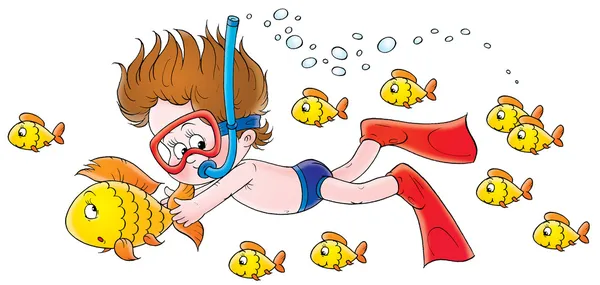 Jongen snorkelen en vasthouden aan een vis terwijl onderwater zwemmen — Stockfoto