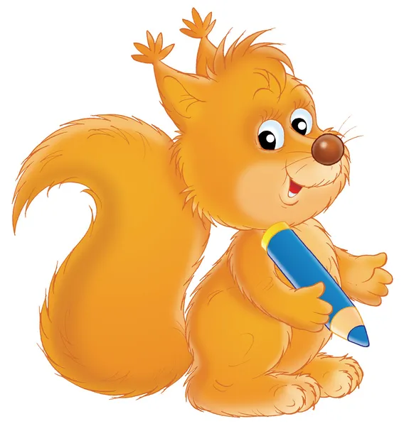 Carino scoiattolo che tiene una matita blu — Foto Stock