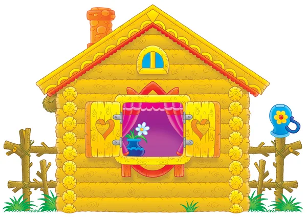 Ładny drewniany domek z zasłony fioletowe — Zdjęcie stockowe
