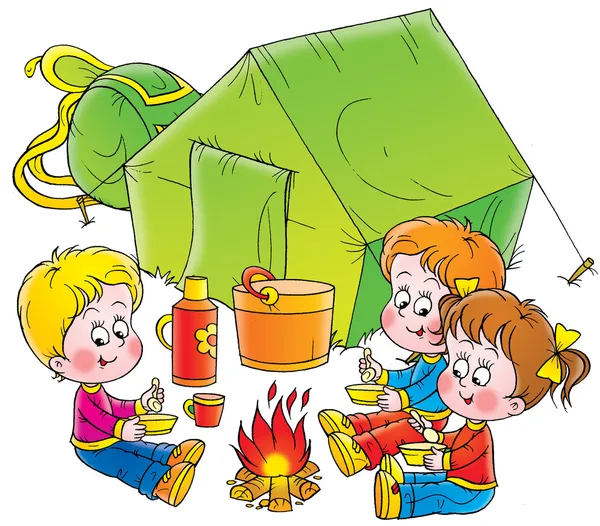 Three kids eating around a campfire outside their green tent — Stock Photo, Image