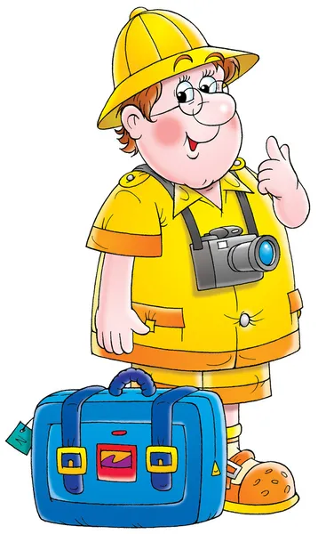 Amigable gordito macho turista usando un cámara — Foto de Stock