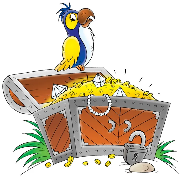 Parrot perched on an open treasure chest — Stock Photo, Image