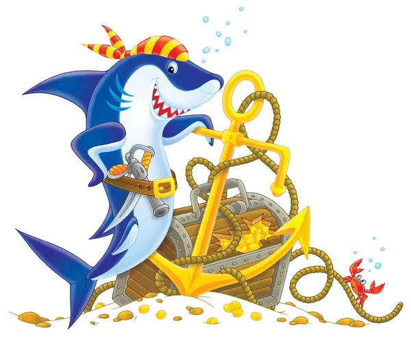 Rekin pirata, opierając się na kotwicy przez zatopionych skarbów — Zdjęcie stockowe