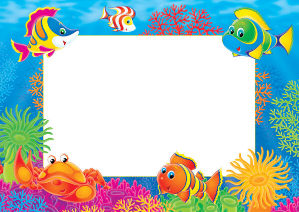 Underwater stationery border of crabs and marine fish on a reef
