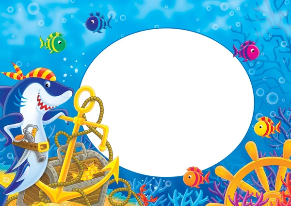 Balık, mercan, korsan köpekbalığı ve batık hazine ile çerçeve.
