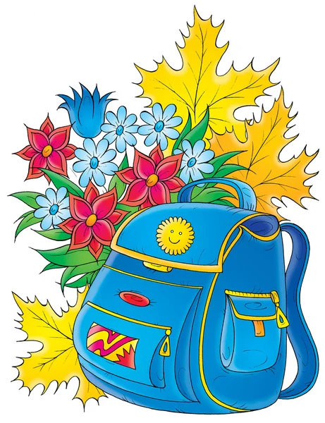 Голубой рюкзак перед осенними листьями — стоковое фото