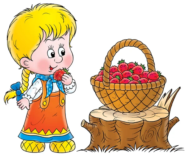 Cute little blond girl snacking on red raspberries — Stock Photo, Image