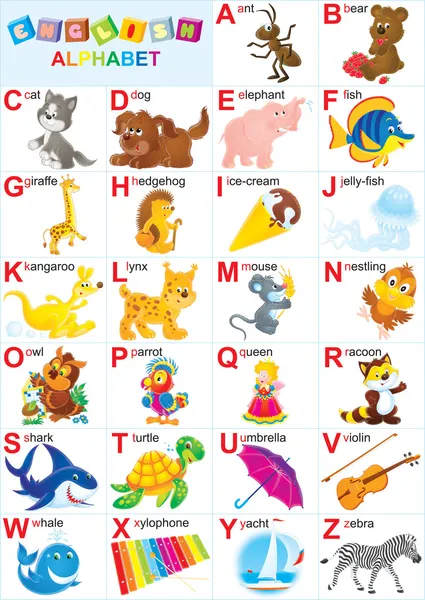 Alphabet anglais pour les enfants avec des animaux drôles et des jouets — Photo