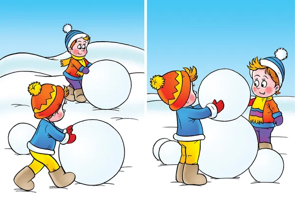 Chicos rodando bolas de nieve gigantes para hacer un muñeco de nieve . — Foto de Stock