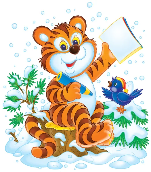 smart tiger cub and bird in the snow