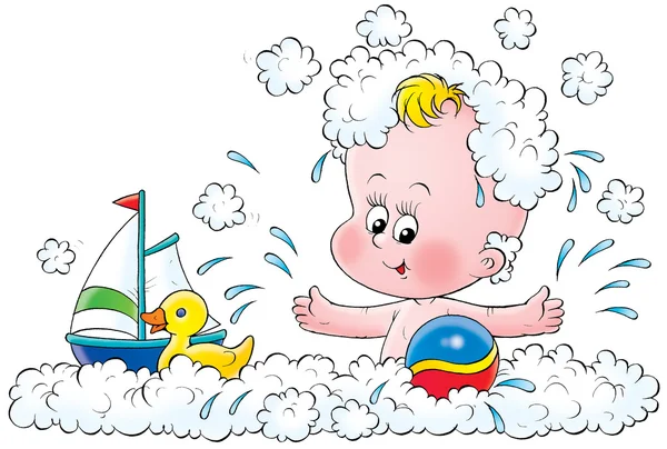 Sıçramasına ve oyuncak tekne ile oynarken mutlu bebek — Stok fotoğraf