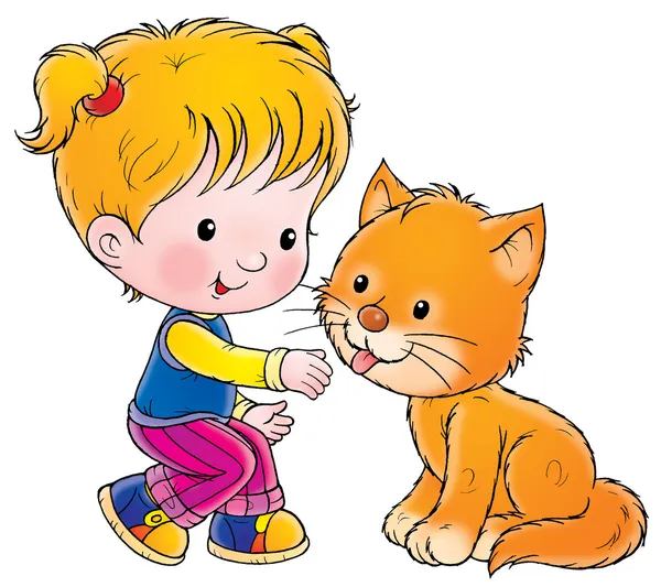 bir kedi pet crouching kız