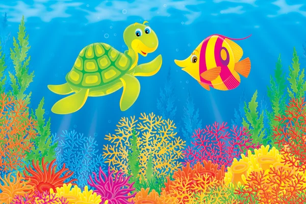 Underwater scen av en vänlig havssköldpadda chatta med en havsfisk — Stockfoto