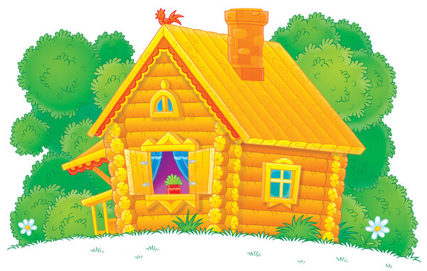 Деревянная кабина с голубыми шторами и растением в окне
