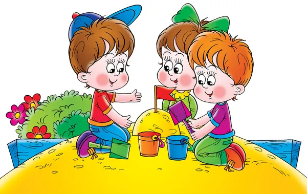 Menina e dois meninos jogando em uma caixa de areia — Fotografia de Stock