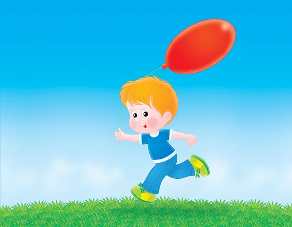 Niño corriendo al aire libre con un globo rojo . —  Fotos de Stock