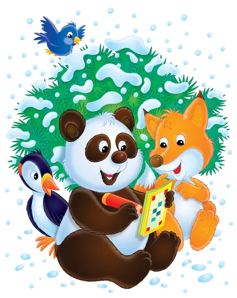 Fox e panda como eles escrevem em um livro de atividades — Fotografia de Stock