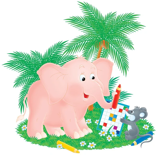 Cute pink elephant and gray mouse doing a word puzzle — Stock Photo, Image