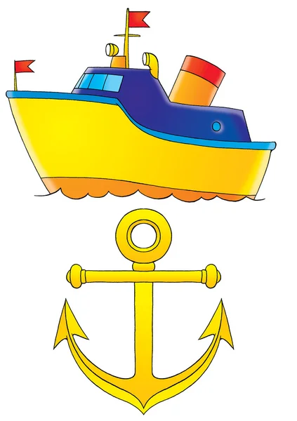 Blue and yellow boat and a yellow anchor — Stock Photo, Image