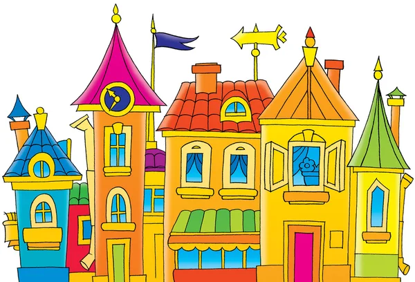 Groep van kleurrijke gebouwen met torentjes — Stockfoto