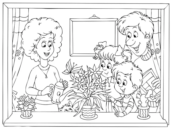 Šťastná rodina, zalévání rostlin v okně — Stock fotografie