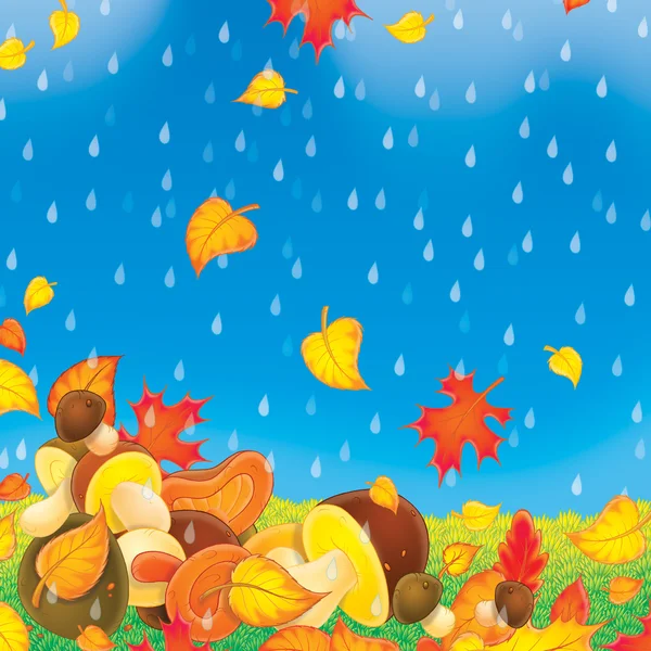 Cadendo foglie e funghi autunnali in un giorno di pioggia . — Foto Stock