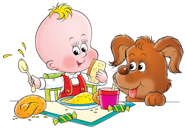 Puppy watching a baby make a mess while eating. — Stock Photo, Image