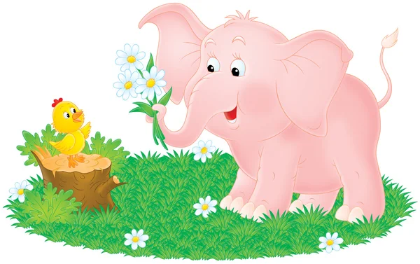 Elefante rosa dando flores de margarita a un polluelo — Foto de Stock