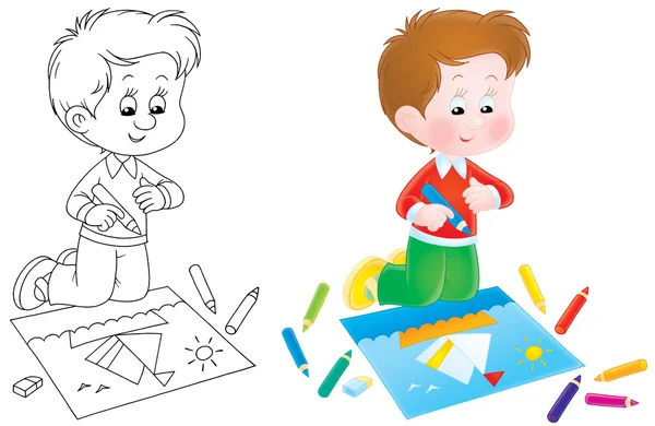 Happy boy coloring a sail boat — Stock Photo, Image