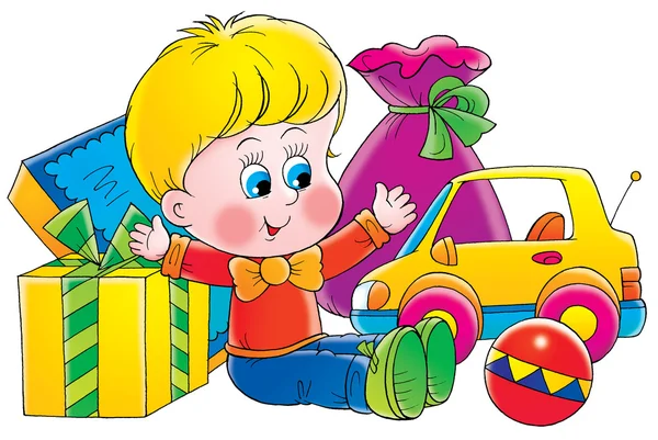 Chłopiec z darów i zabawki — Zdjęcie stockowe