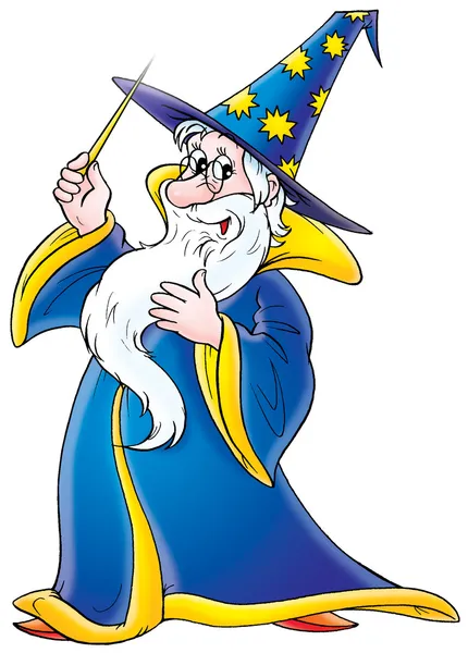 Friendly male wizard in a blue and yellow hat and cape — Stock Photo, Image