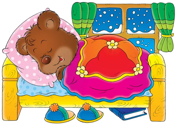熊崽冬眠在床上和睡觉 — 图库照片