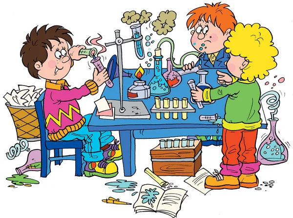 Groep van de school kinderen wetenschap experimenten uitvoeren — Stockfoto