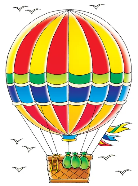 Bags and a ladder hanging out of the basket on a hot air balloon