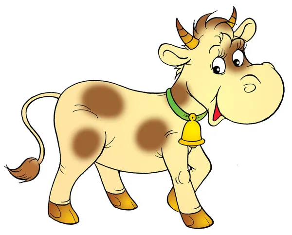 Blassgelbe Kuh mit braunen Flecken, die eine Glocke trägt. — Stockfoto
