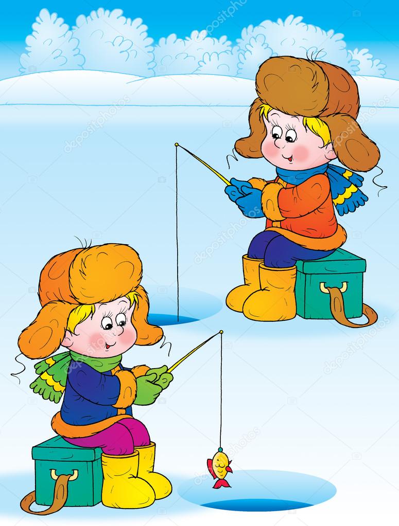 Ice Fishing Colored Cartoon Illustration Colorful Seining Toddler