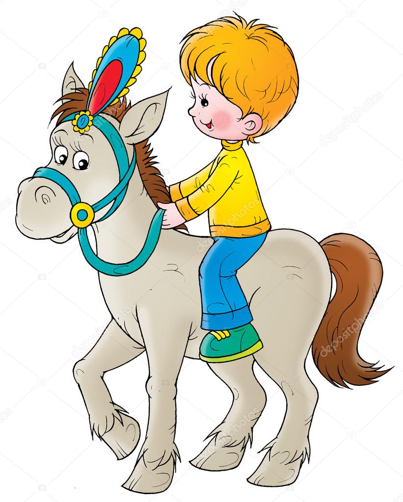 Little blond boy riding a white horse