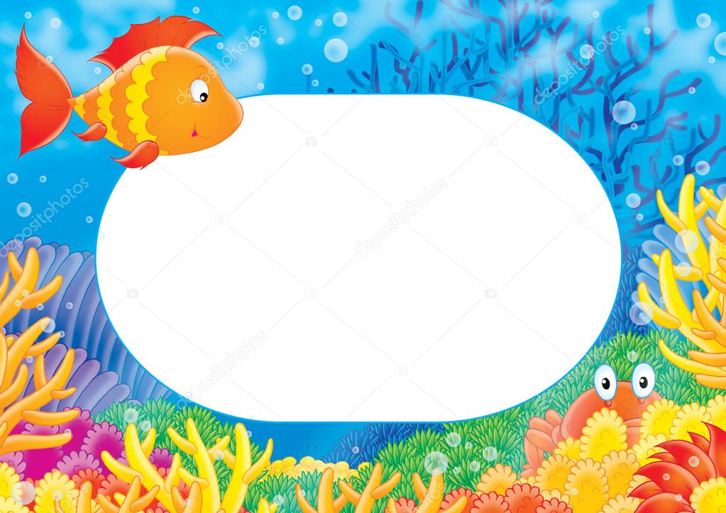 Frame with an orange marine fish, colorful corals and a crab.