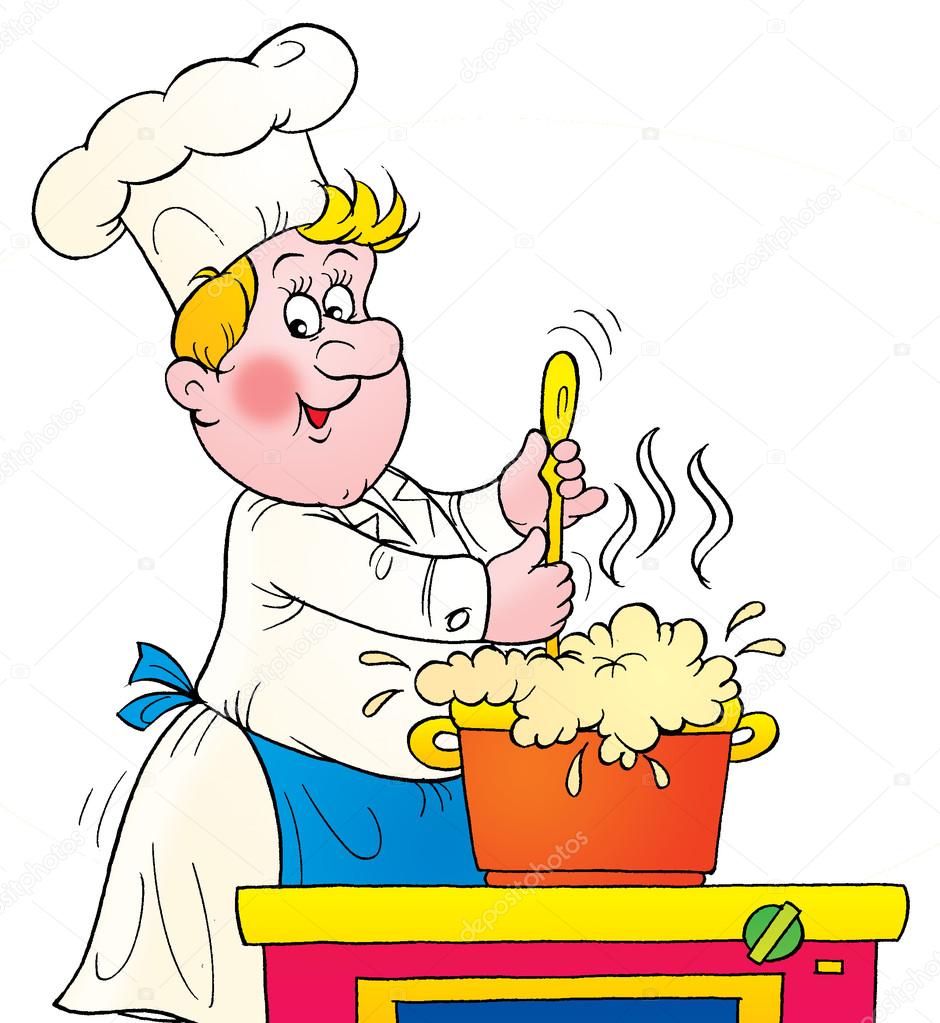 Chef stirring a pot of foaming soup