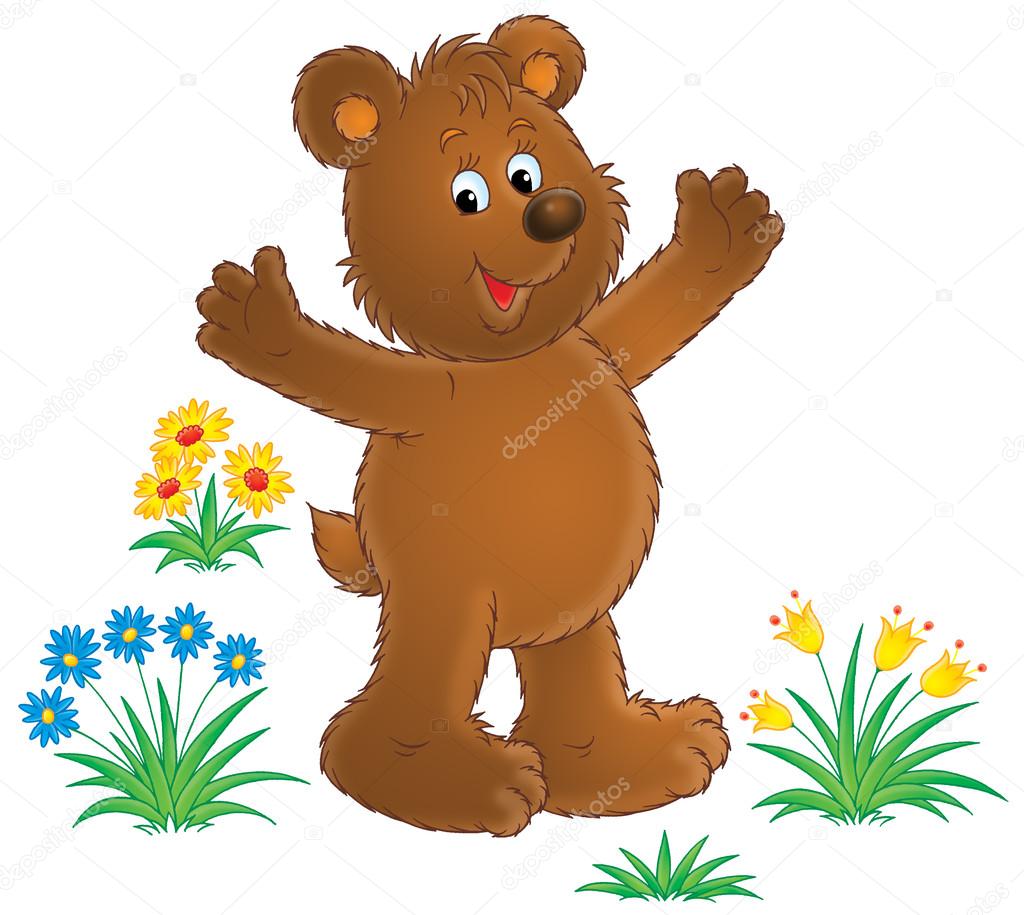 Happy brown bear holding his arms up and standing in wildflowers, on a white background.
