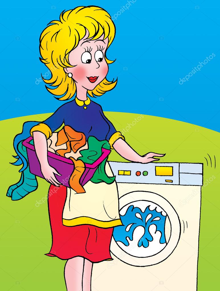 Pleased blond caucasian woman, a mother or wife, watching laundry spin in a front loading washing machine, on a green and blue background.