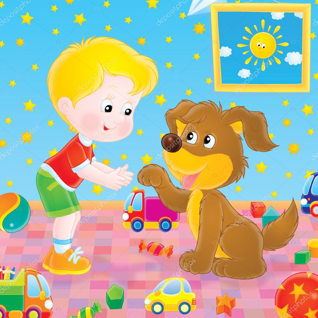 Boy teaching his dog how to shake paws.