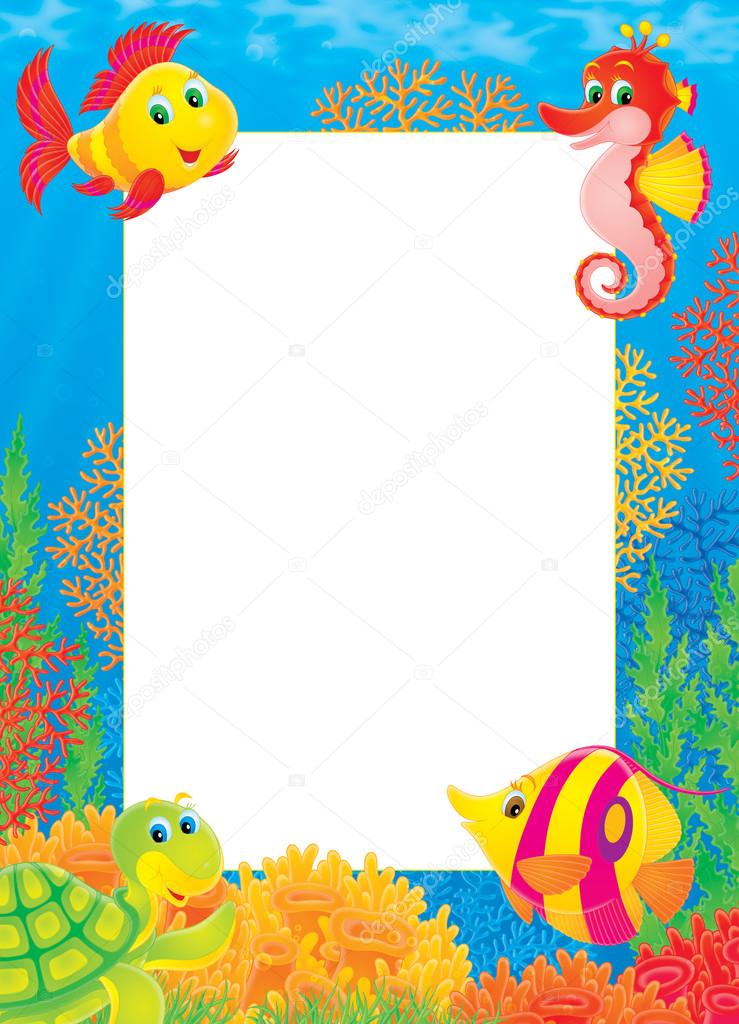 Underwater stationery border of a friendly sea turtle