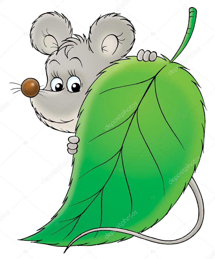 Mouse standing behind a green leaf