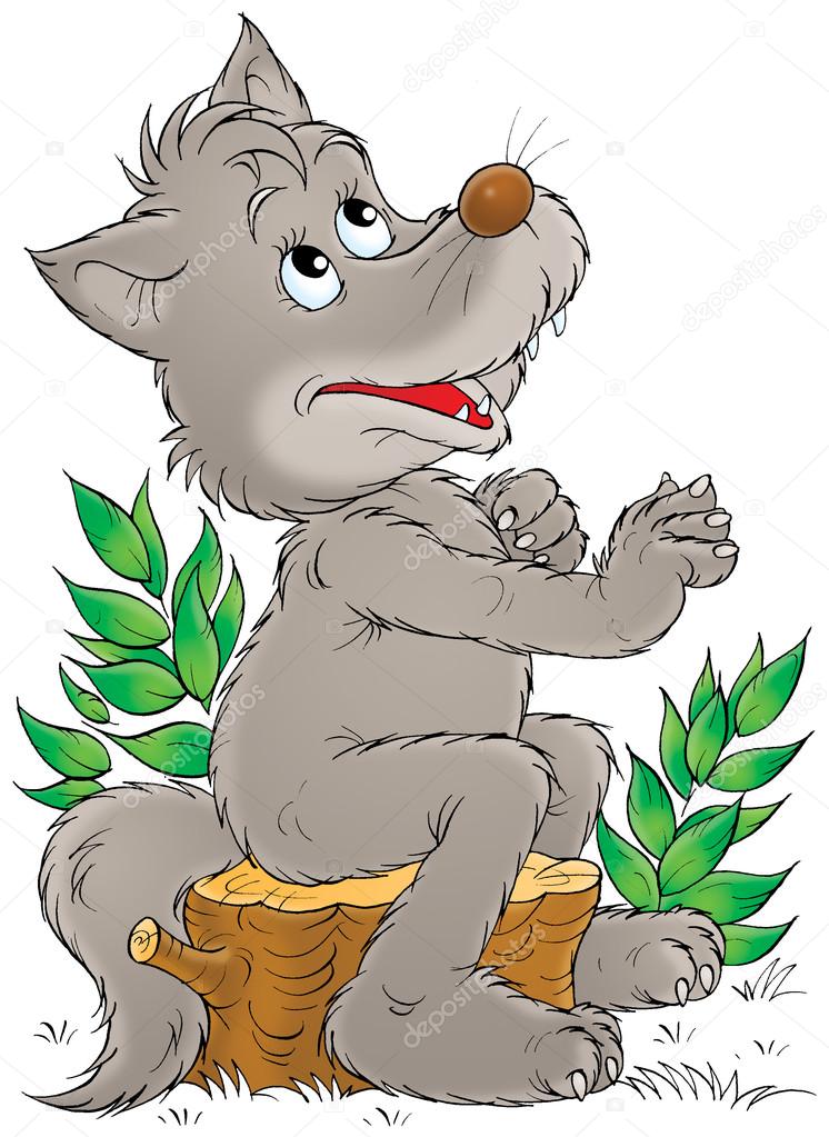 Happy gray wolf sitting on a tree stump