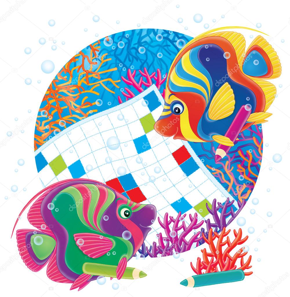 two colorful angelfish working on a word puzzle