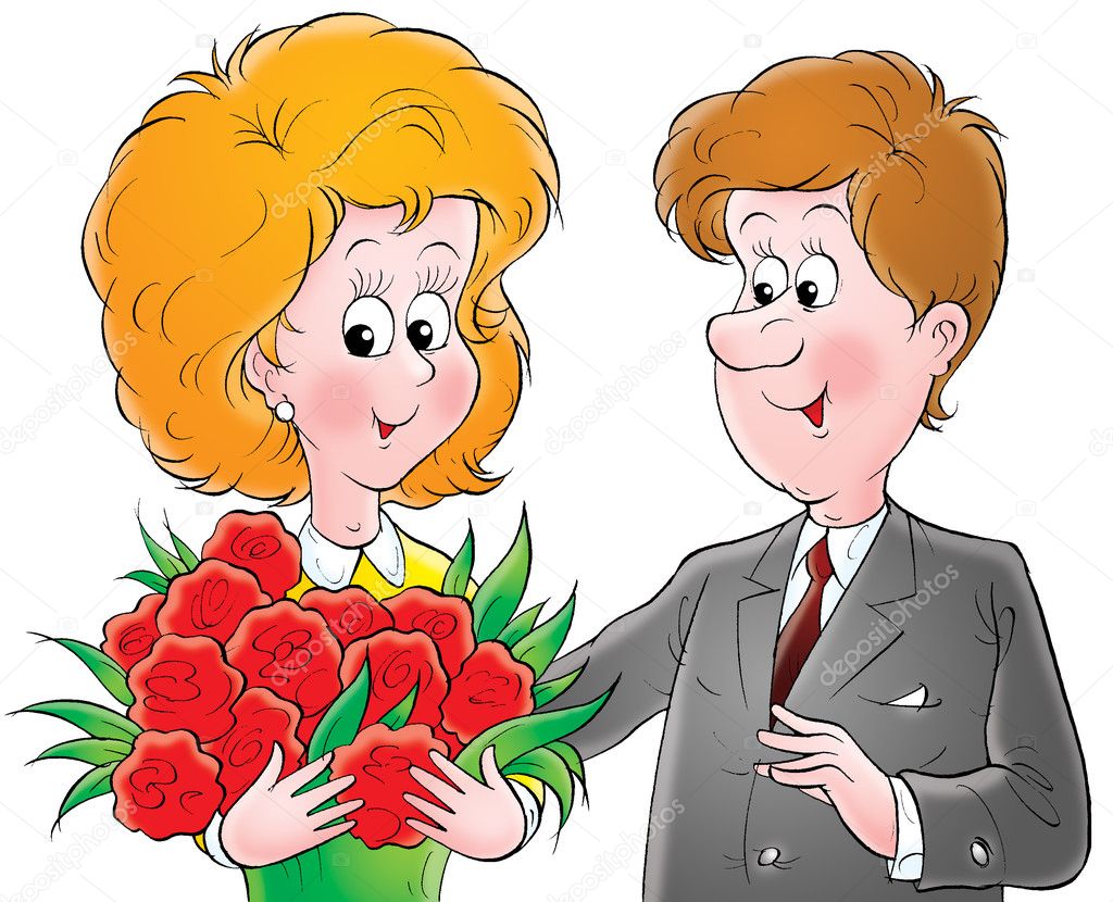Romantic man giving his wife a bouquet of red flowers on Valentine's Day or their anniversary, on a white background.