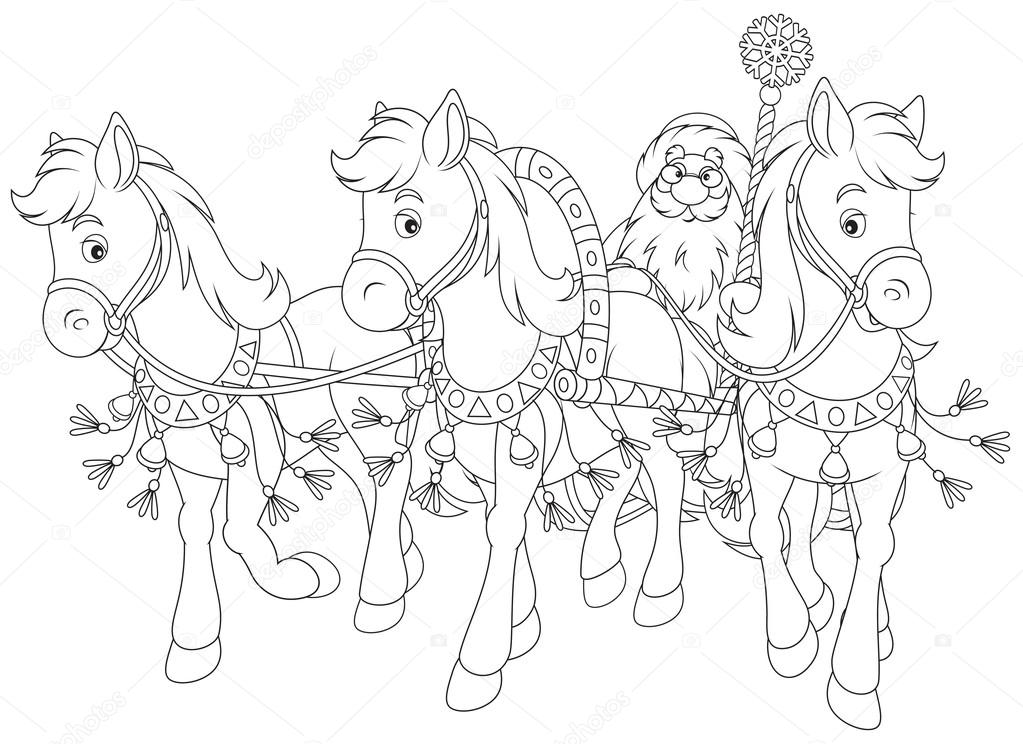 Outlined santa with horses pulling his sleigh.