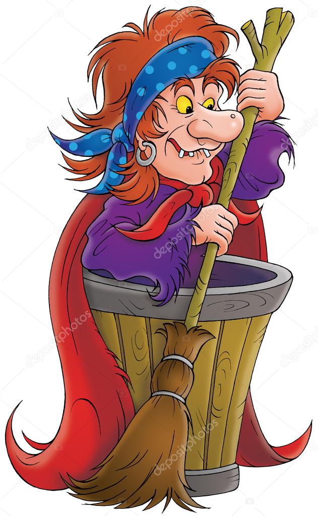 An evil witch standing by a barrel with a broom