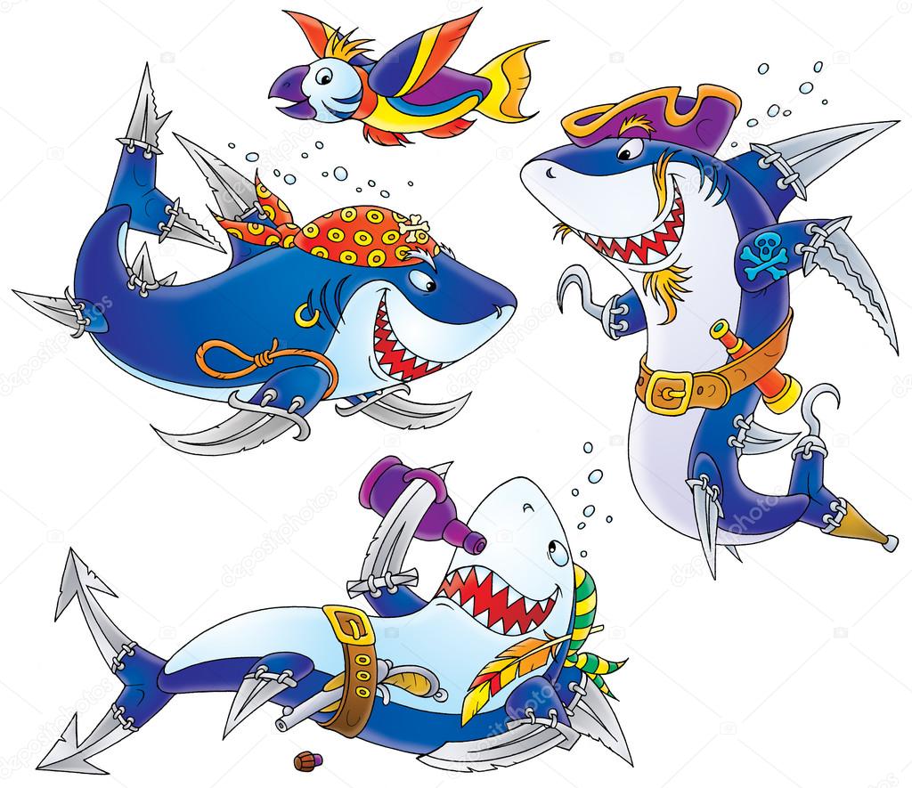 Group of three pirate sharks and a parrot fish